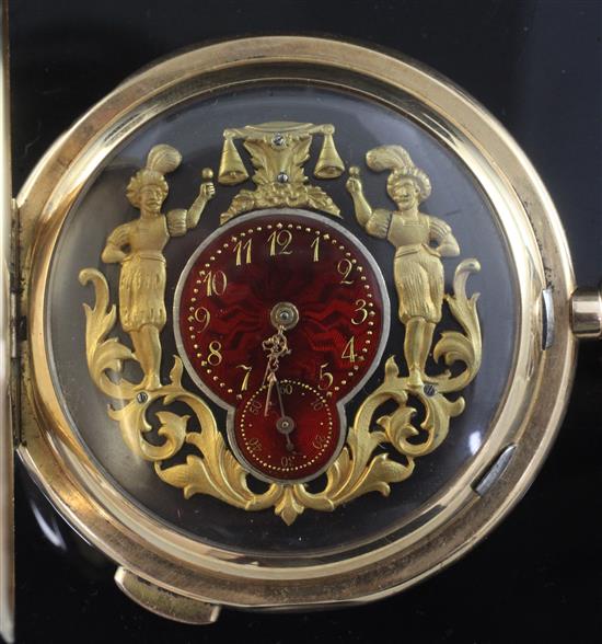 A late 19th century continental 14ct gold jacquemart automaton quarter repeating hunter pocket watch,